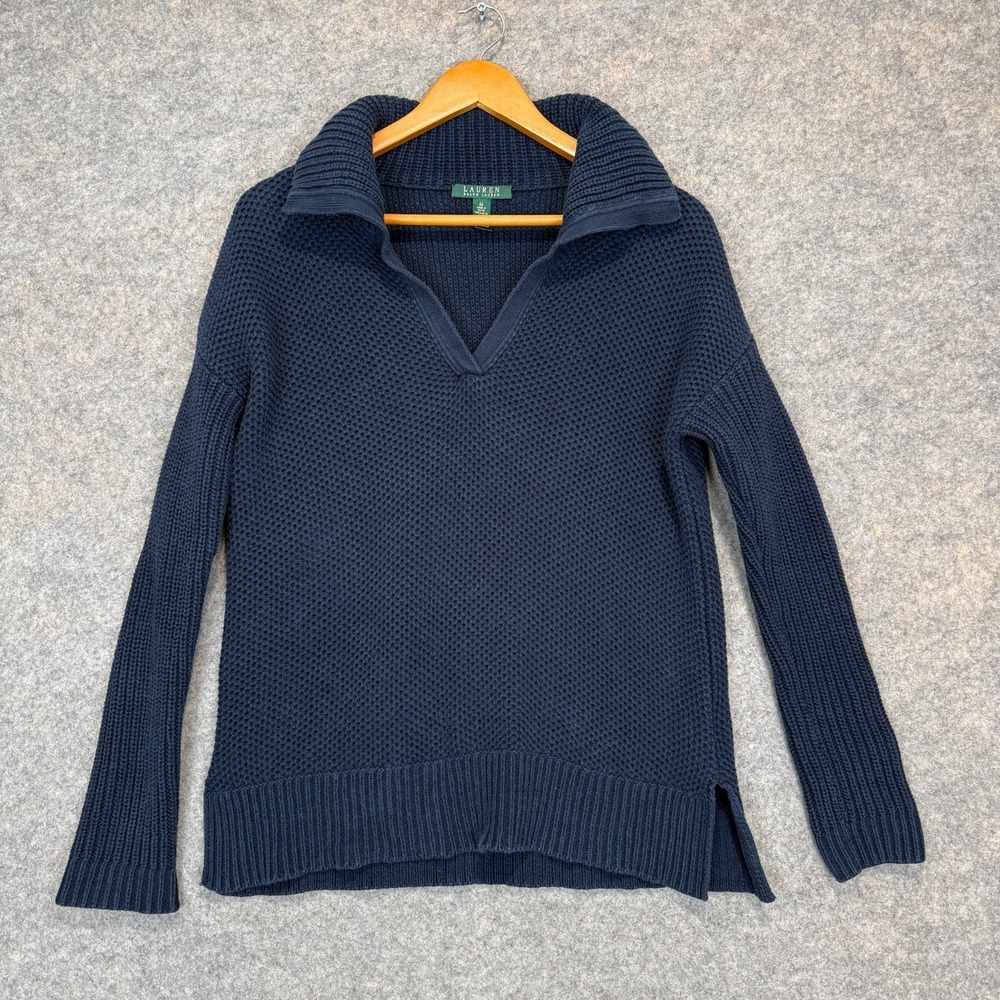 Lauren Ralph Lauren Chunky Waffle Knit Sweater Womens Medium V Neck Shawl Navy